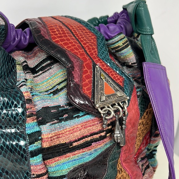 Sharif Large Python Croc Ikat Leather Drawstring Snap Flap Bucket Shoulder Bag - Picture 3 of 16